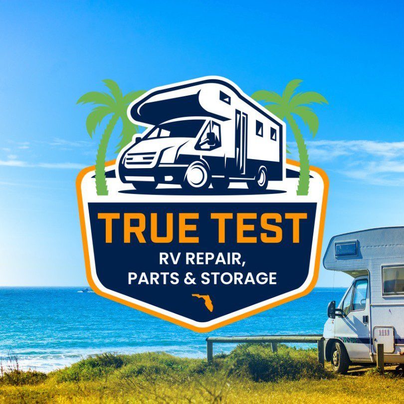 True Test RV Logo On Photo Of RV Parked By A Beach